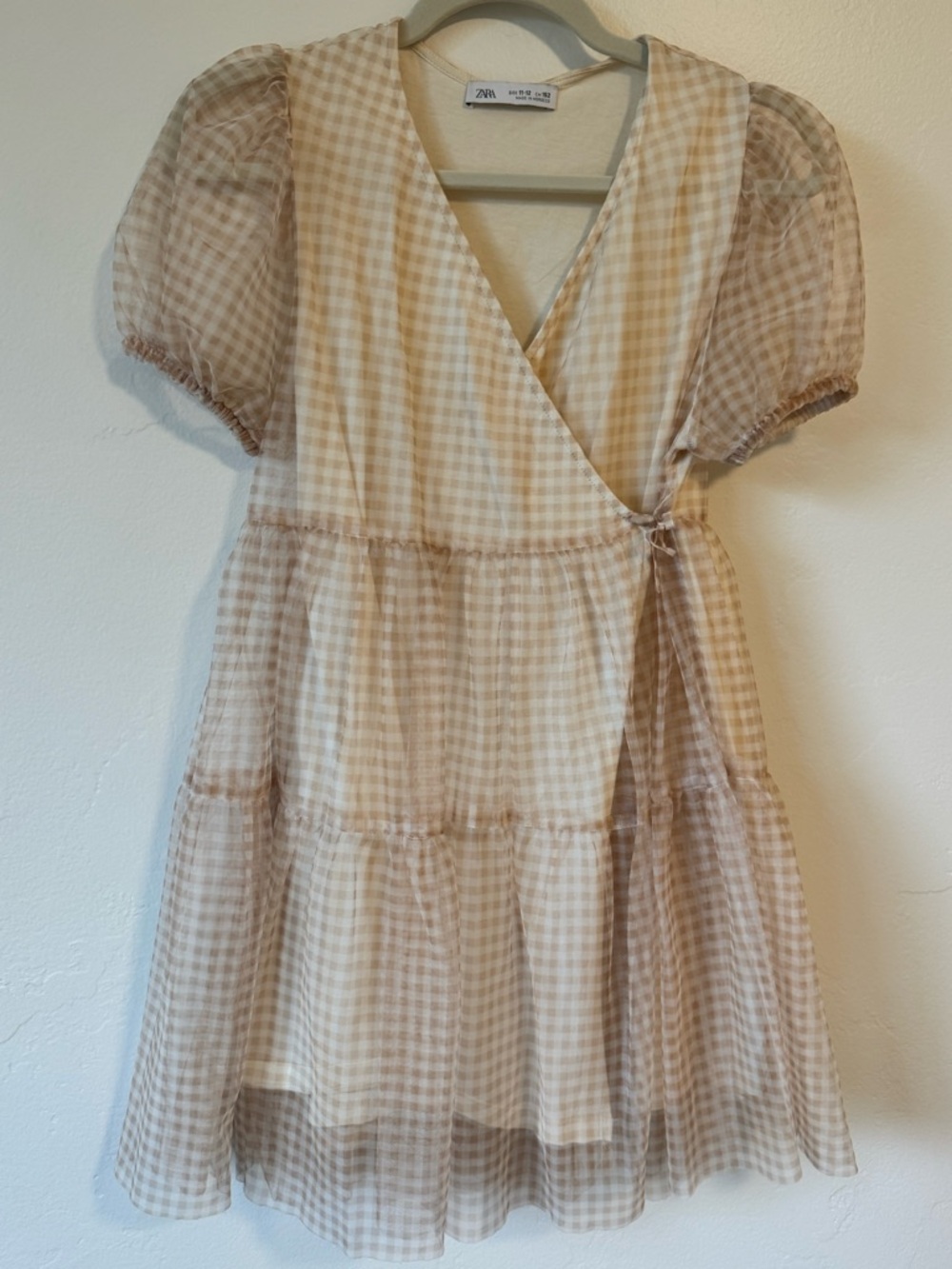 Zara Kids Beige Gingham Wrap Dress with Puff Sleeves and Tie